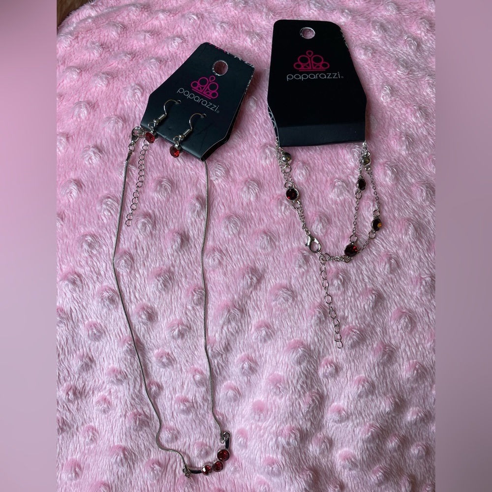 NWT Paparazzi Ruby Earrings, Necklace & Bracelet set